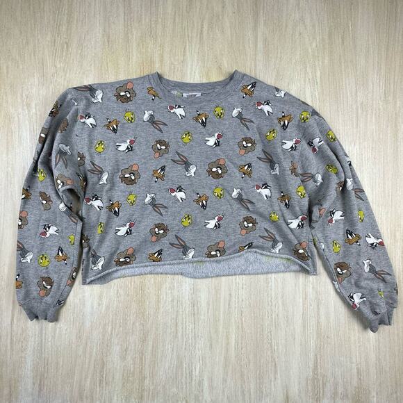 Looney Tunes All Over Print Cropped Crew Neck Pullover Sweatshirt Size XL - Picture 1 of 12